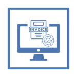 Blue and white digital icon representing bookkeeping and invoicing. The image features a computer monitor displaying an invoice document, with a gear and checkmark symbol indicating automation or verification.
