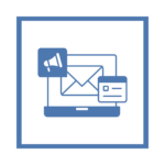 Blue and white digital icon representing email marketing & automation. The image features a laptop displaying an envelope, with a megaphone symbol for marketing and a message box icon indicating automated communication.