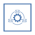 Icon-style image with a blue gear in the center, surrounded by three envelope icons connected by curved arrows, representing email inbox management or automation, enclosed within a blue-bordered square frame.