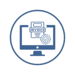 Blue and white digital icon representing bookkeeping and invoicing. The image features a computer monitor displaying an invoice document, with a gear and checkmark symbol indicating automation or verification.