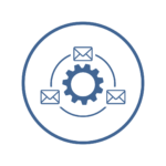 Icon-style image with a blue gear in the centre, surrounded by three envelope icons connected by curved arrows, representing email inbox management or automation.