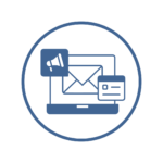 Blue and white digital icon representing email marketing & automation. The image features a laptop displaying an envelope, with a megaphone symbol for marketing and a message box icon indicating automated communication.