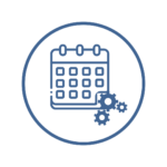 Icon-style image with a blue calendar in the centre, with three gears in the right corner, representing event organisation or coordination.