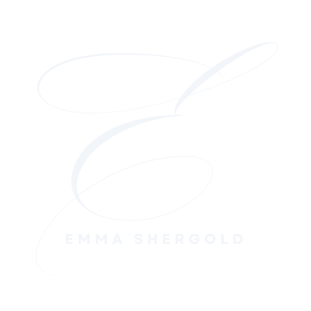 Emma's logo which has a big swirly light grey E with EMMA SHERGOLD in capitals underneath in the same colour
