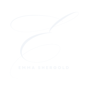 Emma's logo which has a big swirly light grey E with EMMA SHERGOLD in capitals underneath in the same colour