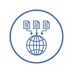 Blue and white digital icon representing website maintenance. The image features three pages feeding into the world wide web.